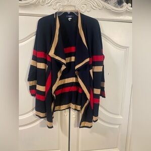 Chaps Navy Cardigan with Red and Tan Stripes